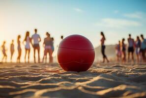voetbal bal Aan de zand strand met blauw lucht en zee achtergrond ai gegenereerd foto