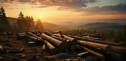 houten logboeken in de Woud Bij zonsopkomst. panoramisch visie ai gegenereerd foto