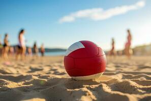 voetbal bal Aan de zand strand met blauw lucht en zee achtergrond ai gegenereerd foto