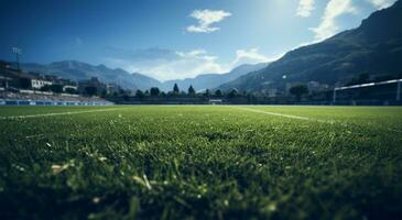 Amerikaans voetbal of voetbal veld- met groen gras en wazig achtergrond van stadion ai gegenereerd foto