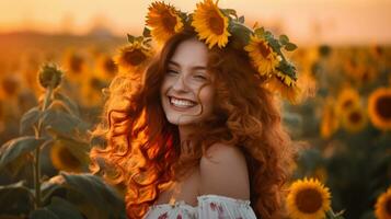 een vrouw met een bloem kroon Aan haar hoofd, generatief ai foto