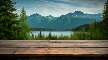 een houten tafel zittend Aan top van een weelderig groen heuvel, generatief ai foto