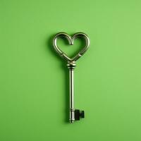 sleutel hart vorm Aan groen achtergrond. ai gegenereerd foto