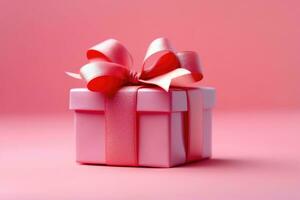 rood Cadeau geschenk doos met ruimte voor groet tekst Aan roze achtergrond. ai gegenereerd foto