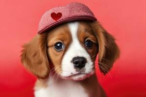 grappig portret schattig puppy hond Holding rood hart . ai gegenereerd foto