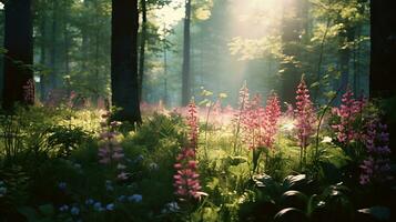 divers soorten van bloemen toenemen in de diepten van de natuurlijk Woud ai generatief foto