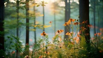 divers soorten van bloemen toenemen in de diepten van de natuurlijk Woud ai generatief foto