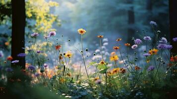 divers soorten van bloemen toenemen in de diepten van de natuurlijk Woud ai generatief foto