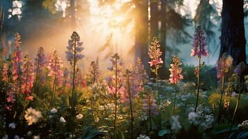 divers soorten van bloemen toenemen in de diepten van de natuurlijk Woud ai generatief foto