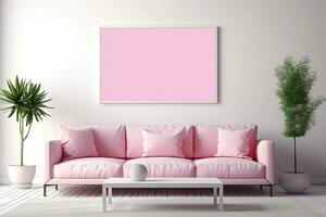 interieur met roze sofa en blanco poster Aan de muur.ai gegenereerd foto