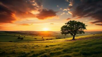 majestueus zonsondergang over- groen weiden ai generatief foto