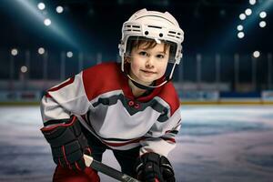 portret van een jongen gekleed net zo een hockey speler Aan ijs ijsbaan.ai gegenereerd foto