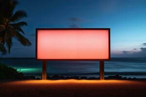 blanco aanplakbord Aan de strand Bij schemering tijd.ai gegenereerd foto