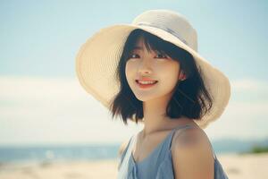 mooi jong Aziatisch meisje vervelend zomer jurk in zonnig dag ai generatief foto