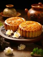 Chinese midden herfst festival mooncake Aan houten tafel, ai gegenereerd foto