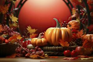 herfst nog steeds leven met pompoenen, appels, druiven en bladeren.ai gegenereerd foto