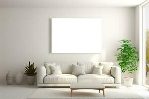 modern interieur met wit bank, bespotten omhoog poster frame.ai gegenereerd foto