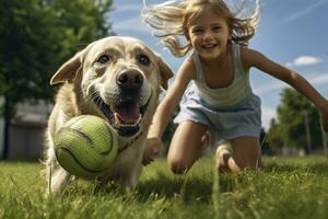 een meisje is spelen bal met een labrador retriever.ai gegenereerd foto