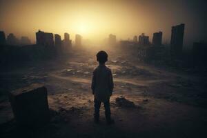 de spookachtig realiteit, kind eenzaamheid temidden van verlaten midden- oosten- steden, ai gegenereerd foto
