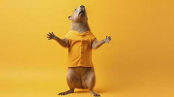 grappig hamster in een geel t-shirt Aan een geel achtergrond.ai gegenereerd foto