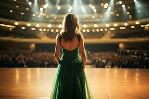 achterzijde visie van een jong vrouw in een groen jurk staand in voorkant van een stadium in een theater, terug visie van een meisje in een groen avond jurk Aan de achtergrond van de concert hal, ai gegenereerd foto