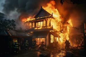 brandweerlieden blussen een brand in een huis, brandweerlieden vechten een vuur, Aziatisch huis Aan brand en brandweerlieden zijn proberen naar hou op de vuur, ai gegenereerd foto