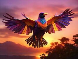 een majestueus vogel in vlucht tegen een adembenemend, levendig zonsondergang lucht foto