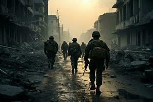 soldaten wandelen door de ruïnes van een stad veroorzaakt door oorlog ai generatief foto