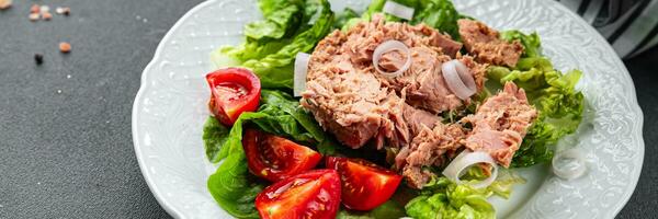 tonijn salade vers maaltijd tonijn ingeblikt aan het eten Koken voorafje voedsel tussendoortje Aan de tafel kopiëren ruimte voedsel foto