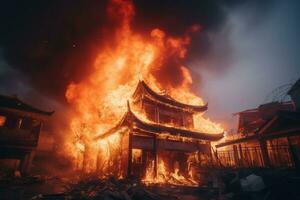 brandend huis Bij nacht in Yunnan, China. brand in de oud huis. Aziatisch huis Aan brand en brandweerlieden zijn proberen naar hou op de vuur, ai gegenereerd foto