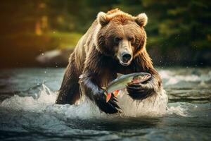 bruin beer vangsten een vis in de rivier. kamtsjatka. bruin beer vangsten een Zalm in de rivier, ai gegenereerd foto