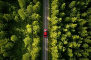 antenne visie van een rood auto Aan de weg in de Woud, antenne visie van rood auto met een dak rek Aan een groen zomer Woud land weg in Finland, ai gegenereerd foto