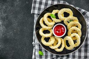 ui ringen diep frituur tomaat saus snel voedsel aan het eten Koken maaltijd voedsel tussendoortje Aan de tafel kopiëren ruimte voedsel achtergrond rustiek top visie foto