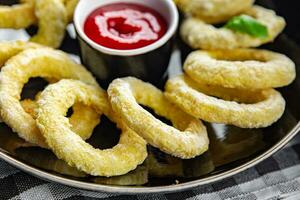 ui ringen in beslag diep frituur tomaat saus snel voedsel heerlijk aan het eten Koken voorafje maaltijd voedsel tussendoortje Aan de tafel kopiëren ruimte foto