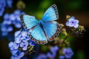 mooi vlinder Aan een blauw bloem in de tuin. dichtbij omhoog. mooi vlinder zittend Aan een blauw bloem, ai gegenereerd foto