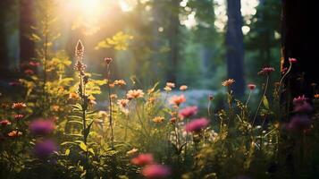 divers soorten van bloemen toenemen in de diepten van de natuurlijk Woud ai generatief foto