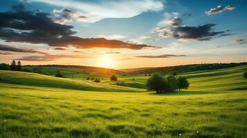 majestueus zonsondergang over- groen weiden ai generatief foto