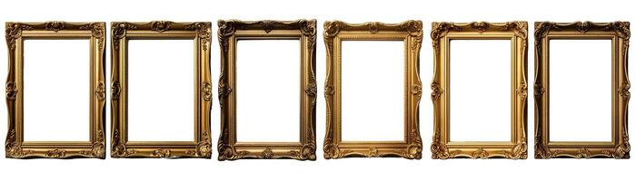 verzameling van voorkant visie antiek rechthoek gouden afbeelding kader. foto van oude wijnoogst spiegel kader. geïsoleerd Aan wit achtergrond. generatief ai