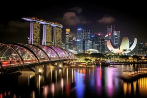 Singapore horizon Bij nacht. Singapore is de wereld, jachthaven baai Oppervlakte Bij nacht, Singapore, ai gegenereerd foto