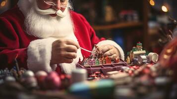 ai generatief dichtbij omhoog van wit de kerstman werken in zijn winkel Aan speelgoed foto