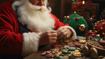 ai generatief dichtbij omhoog van wit de kerstman werken in zijn winkel Aan speelgoed foto