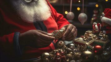 ai generatief dichtbij omhoog van zwart de kerstman werken in zijn winkel Aan speelgoed foto