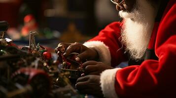 ai generatief dichtbij omhoog van zwart de kerstman werken in zijn winkel Aan speelgoed foto