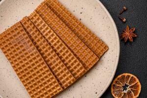 heerlijk zoet krokant rechthoekig wafels Aan een keramisch bord foto