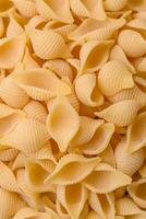 rauw Italiaans pasta conchiglie van durum tarwe met groenten, zout en specerijen foto