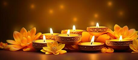 diwali, festival van lichten, geel achtergrond. web banier ontwerp met kaarsen en vrouw. ai gegenereerd foto