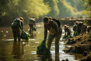 vrijwilligers schoon de rivier- van afval, ai generatief foto