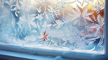 ai generatief winter vorst Aan glas met klein decoraties Aan of achter de venster foto