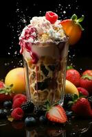 milkshake in een Doorzichtig glas van fruit in de achtergrond met melk spatten en druppels gegenereerd door kunstmatig intelligentie- foto