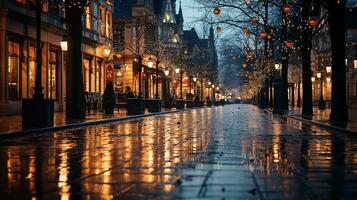 winter kalmte straat in de nacht, Kerstmis achtergrond, ai gegenereerd foto